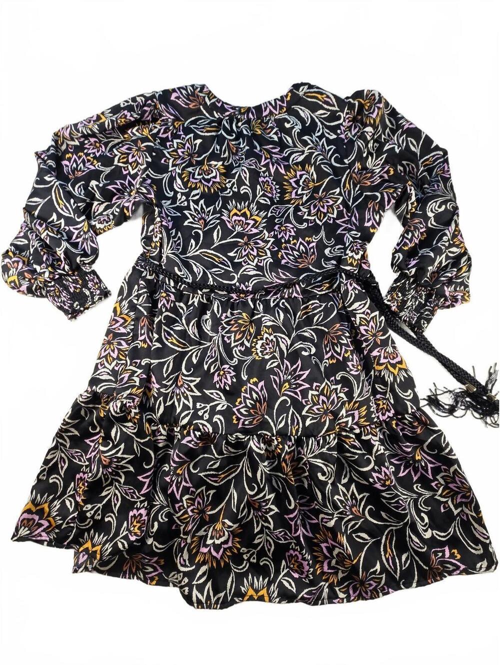 G by Giuliana Black Floral Tiered Y-Neck Dress XL EUC Boho Long Sleeve